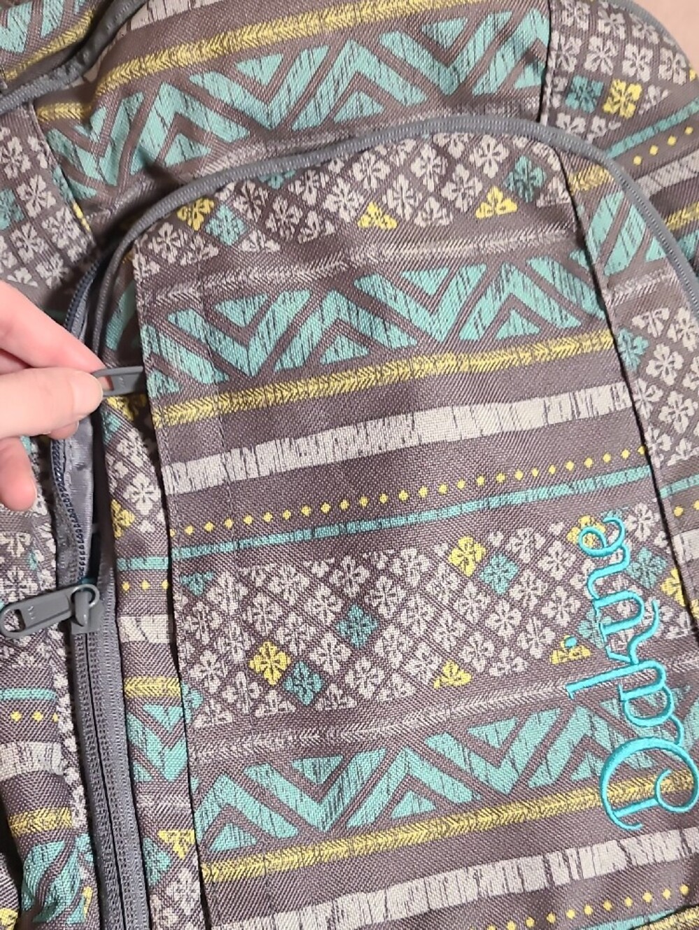 Gray Patterned Backpack with Aqua & Yellow Accents - Picture 7 of 11